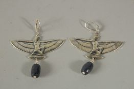 A PAIR OF SILVER AND LAPIS DECO EGYPTIAN EARRINGS.