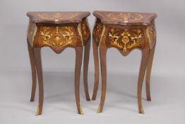 A PAIR OF LOUIS XVITH DESIGN SHAPED SERPENTINE FORM BEDSIDE TABLES withdeep drawer, on curving legs.