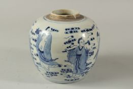 AN EARLY 2OTH CENTURY BLUE AND WHITE PORCELAIN GINGER JAR, decorated with characters. 16.5cms high.