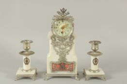 A SUPERB RUSSIAN SILVER DIAMOND SET THREE-PIECE MARBLE CLOCK SET comprising clock with applied