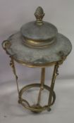 A LARGE PAIR OF BRASS LANTERNS AND SUPPORTS. 2ft 10ins high.