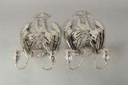 A GOOD PAIR OF SILVER PLATE BAT DOUBLE ARM WALL SCONCES.