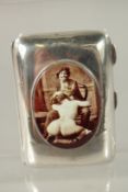 A SMALL PLAIN CIGARETTE CASE, Chester 1916, with an oval enamel plaque of a nude and artist.