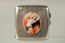 A SMALL ENGINE TURNED SILVER CIGARETTE CASE, Birmingham 1918, with an oval enamel plaque of a nude