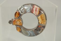 A SILVER, AGATE AND CITRINE SCOTTISH BROOCH.