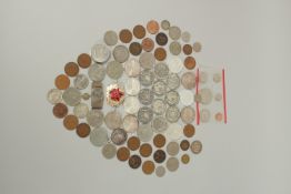 A BOX OF VARIOUS COINS.