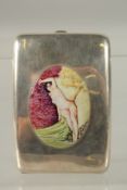 A PLAIN CURVING CIGARETTE CASE, London 1908, with an oval enamel plaque of a nude in a bed.