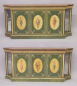 A VERY GOOD PAIR OF PAINTED SHERATON SIDE CABINETS, FAUX SATINWOOD, painted with garlands, the front