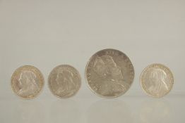 THREE VICTORIA VEILED HEAD SHILLINGS, 1893, 1891 & 1897, and STRAITS SETTLEMENT DOLLAR, 1908 (4).