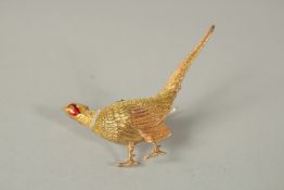 A 9ct GOLD AND ENAMEL PHEASANT BROOCH.