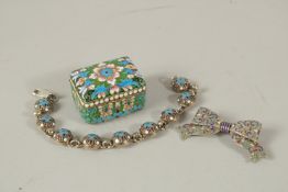 A SMALL RUSSIAN SILVER AND CLOISONNE ENAMEL BOX, 4cms long, a RUSSIAN SILVER AND CLOISONNE BRACELET,