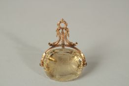 A SUPERB 18ct YELLOW GOLD CITRINE SWIVEL FOB. Three sides. Armorial Crest. Intaglio head and