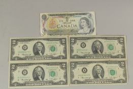 FOUR UNTIED STATES OF AMERICA TWO DOLLAR NOTES , A CANADA ONE DOLLAR (5).