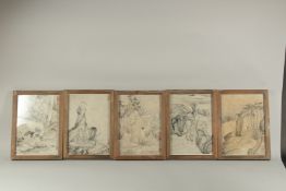 FIVE FRAMED AND GLAZED CHINESE PICTURES.