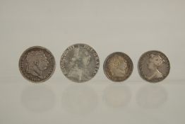 A QUEEN ANNE SIXPENCE, 1703, VICO G/F and three George III coins (4).