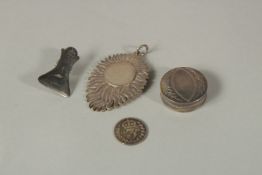 A SILVER THREEPENCE 1885, A PENDANT, EAR CLIPS AND SMALL BOX (4).