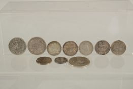 FIVE VICTORIAN SILVER FLORINS and other coins.