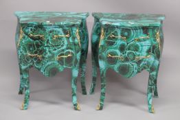 A PAIR OF MALACHITE DESIGN BEDSIDE COMMODES with two drawers, on curving legs.