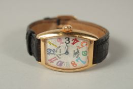 A LADIES' FRANK MULLER 18ct GOLD WRISTWATCH with leather strap. No. 913.