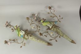 A VERY GOOD PAIR OF LARGE PORCELAIN AND GILT METAL WALL SCONCES, set with porcelain flower heads.