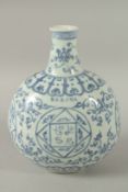 A CHINESE BLUE AND WHITE PORCELAIN MOON FLASK, decorated with panels of characters. 30cms high.
