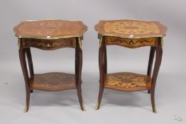 A PAIR OF LOUIS XVITH DESIGN SHAPED BEDSIDE TABLES with single drawer, curving legs and under-