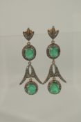 A PAIR OF EMERALD AND ROSE DIAMOND DROP EARRINGS.