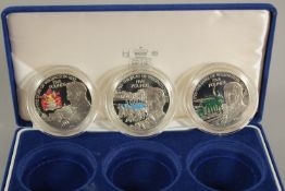 THE DUKE OF WELLINGTON 150TH ANNIVERSARY CHANNEL ISLANDS 3 COIN SILVER SET. Royal Mint, boxed.