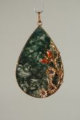 A 14ct GOLD, AGATE AND RUBY PENDANT with a tree and flowers.