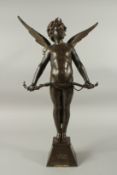 AUGUSTE MOREAU. A GOOD 19TH CENTURY BRONZE OF A WINGED CUPID holding a bow 
