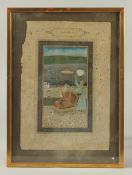 A FRAMED 19TH CENTURY MUGHAL INDIAN MINIATURE PAINTING, depicting a seated ruler, painting 30cm x