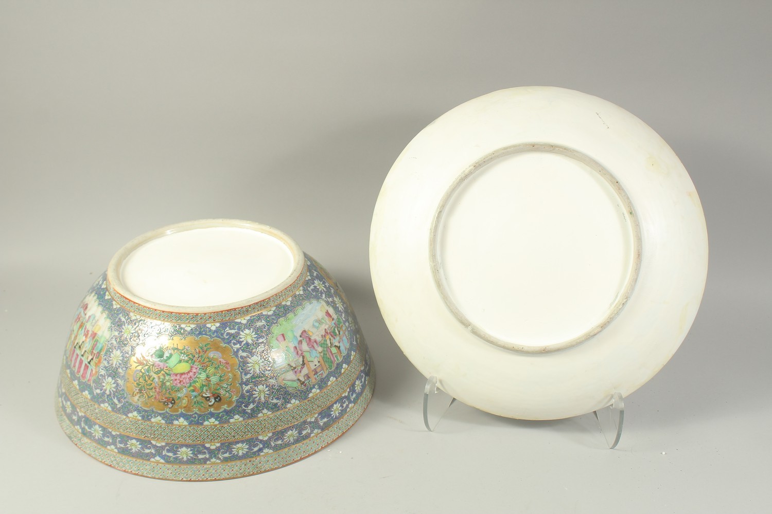 A VERY LARGE CHINESE BLUE GROUND FAMILLE ROSE PORCELAIN PUNCH BOWL AND UNDER-PLATE, enamel painted - Image 6 of 6