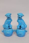 A PAIR OF CHINESE TURQUOISE GLAZED POTTERY TEMPLE LIONS, the bases with carved character mark,