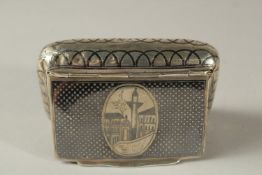 AN OTTOMAN SILVER NIELLO SNUFF BOX, inscribed 'L.X', 9cm x 6.5cm.