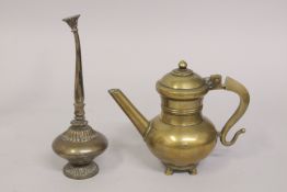 A 19TH CENTURY LIDDED BRONZE EWER AND ROSEWATER SPRINKLER, (2).