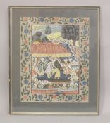 AN INDIAN PAINTING ON SILK DEPICTING A SCENE WITH VARIOUS ON FIGURES, with floral border, framed and