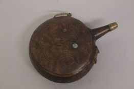 AN 18TH CENTURY PERSIAN OR OTTOMAN LEATHER MOUNTED WOODEN POWDER FLASK.