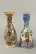 A 19TH CENTURY PERSIAN GLAZED POTTERY HUQQA BASE, signed to the top, painted with portraits of