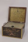 A JAPANESE LACQUERED AND GILDED WOODEN TOBACCO BOX, with mounted handles and pewter lined