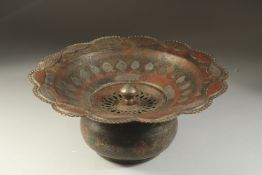 A 19TH CENTURY UZBEKISTAN BUKHARA SILVER INLAID ENAMELLED BRASS BASIN, 37.5cm wide.