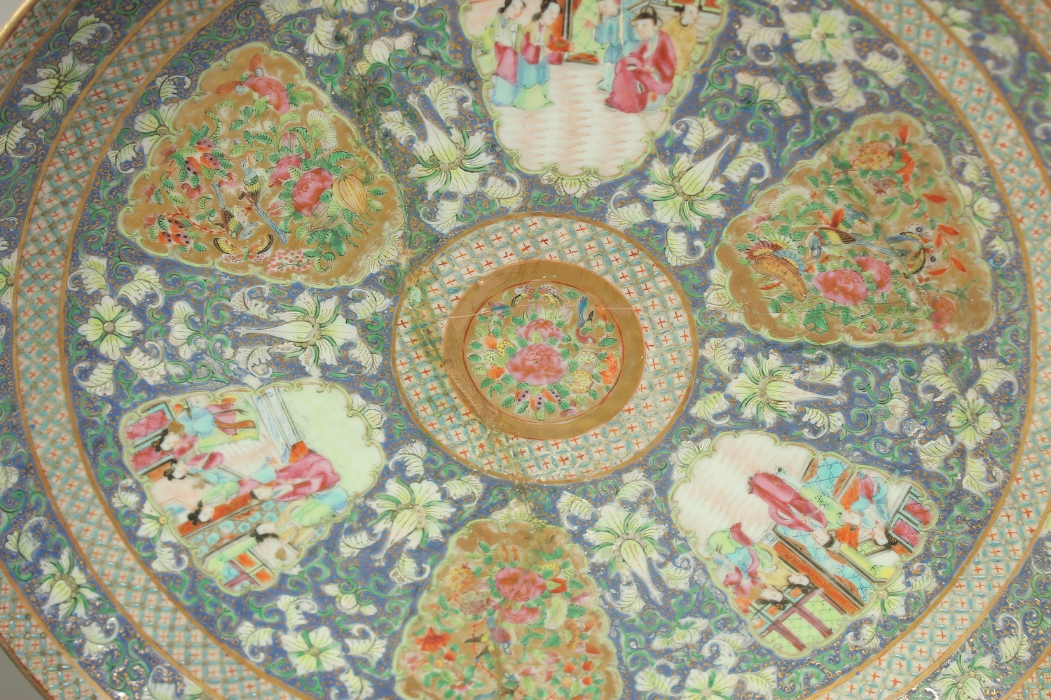 A VERY LARGE CHINESE BLUE GROUND FAMILLE ROSE PORCELAIN PUNCH BOWL AND UNDER-PLATE, enamel painted - Image 5 of 6