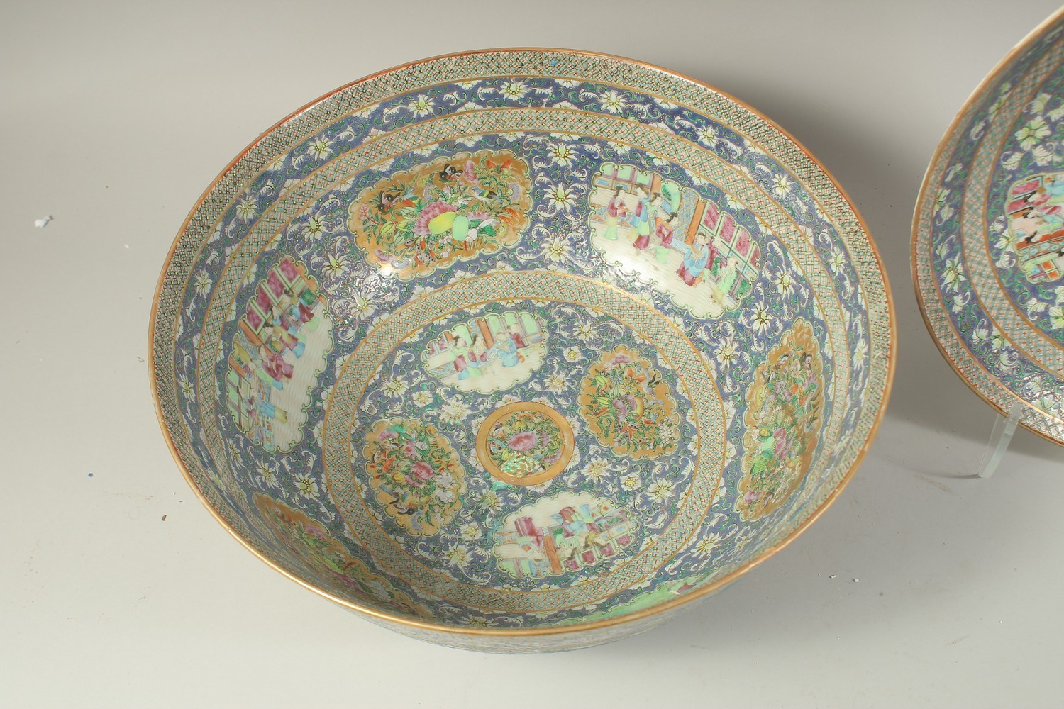 A VERY LARGE CHINESE BLUE GROUND FAMILLE ROSE PORCELAIN PUNCH BOWL AND UNDER-PLATE, enamel painted - Image 2 of 6