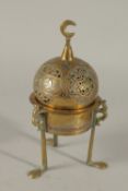 A 19TH CENTURY DAMASCUS MAMLUK REVIVAL SILVER INLAID BRASS DOMED INCENSE BURNER, 22cm high..