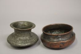 TWO SMALL PERSIAN 17TH CENTURY SAFAVID COPPER BOWLS, (2).