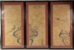 THREE CHINESE PAINTINGS ON PAPER, depicting birds and flora, uniformly framed and glazed, each