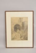 A FINE 19TH CENTURY ORIENTALIST ETCHING OF A MARKET SCENE, framed and glazed.