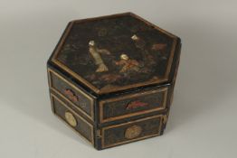 A CHINESE SOAPSTONE INSET LACQUERED WOOD HEXAGONAL BOX, the top decorated with a scene of carved