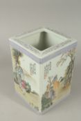 A LARGE CHINESE SQUARE-FORM PORCELAIN VASE, finely painted with panels -each depicting a scene