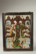 A LARGE 19TH CENTURY INDIAN TANJORE REVERSE GLASS PAINITNG depicting the coronation of Rama, 69cm