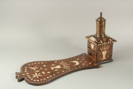 AN UNUSUAL 19TH CENTURY OTTOMAN BONE INLAID WOOD COFFEE GRINDER, the brass signed.